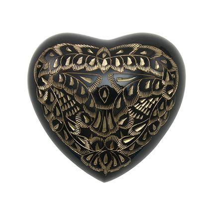 Black and Gold Etched Floral Brass Heart Keepsake Urn
