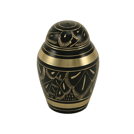 Black and Gold Etched Floral Brass Mini Keepsake Urn, Mini Keepsake, 2.4 x 1.7 x 1.7 in