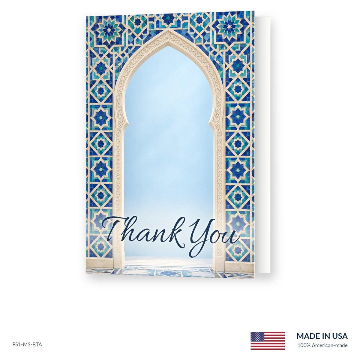 Blue Arch funeral acknowledgment card shown slightly open, Funeral Source One FS1-MS-BTA, Made in the USA