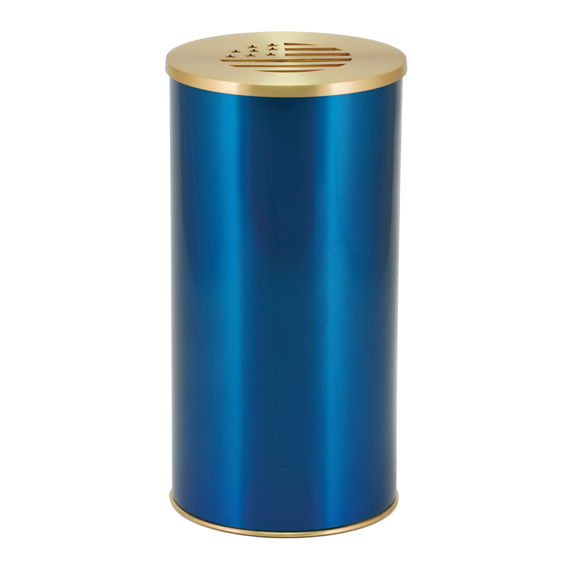 Blue Cylinder American Flag Scattering Urn, Full size adult scattering urn, 10.75 x 5.35 x 5.35 in