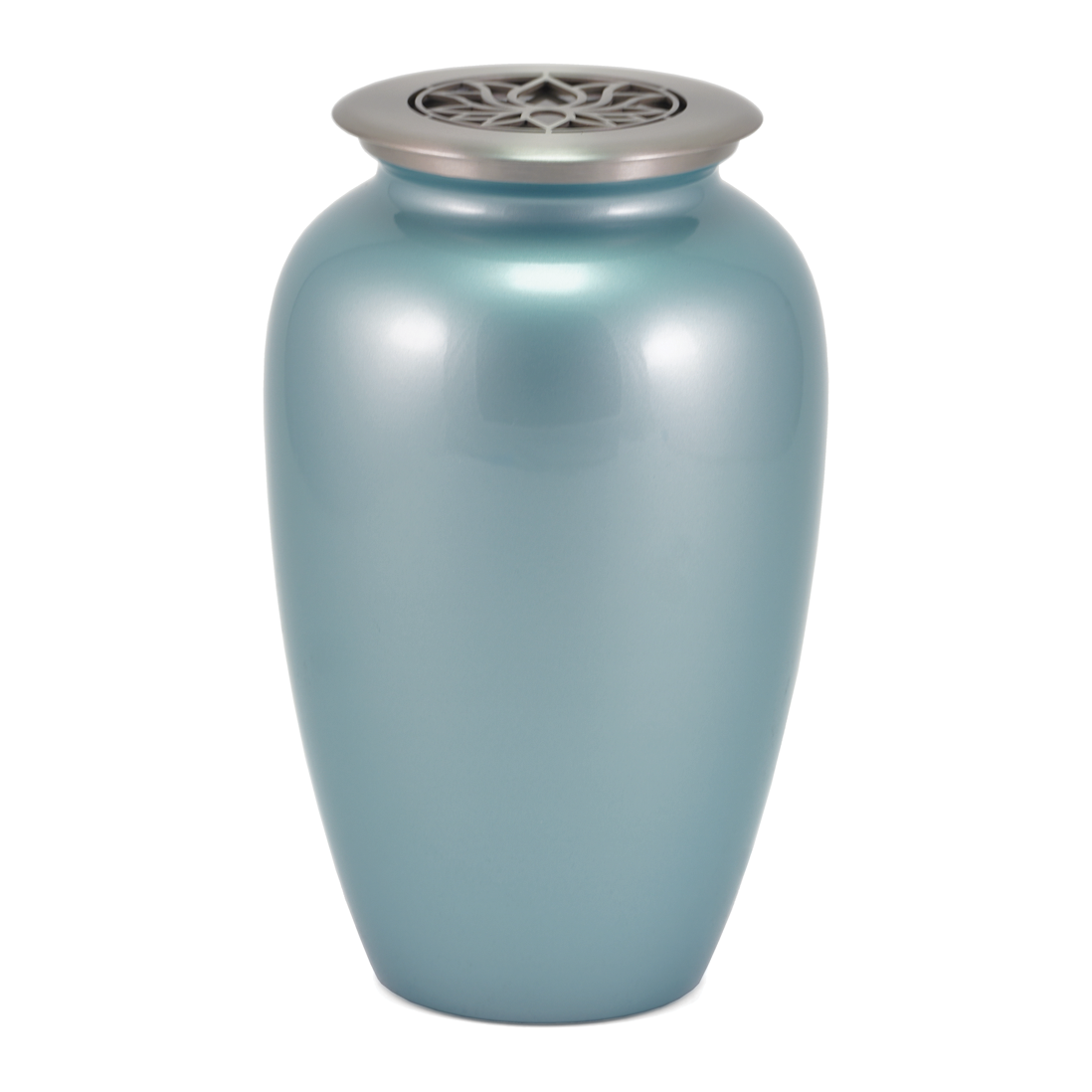 Blue Frost Lotus Brass Scattering Urn, Full size adult scattering urn, 10 x 6.1 x 6.1 in