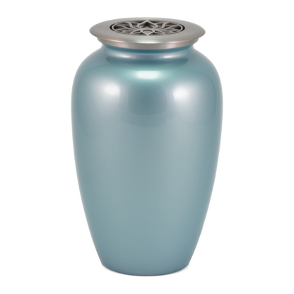 Blue Frost Lotus Brass Scattering Urn, Full size adult scattering urn, 10 x 6.1 x 6.1 in