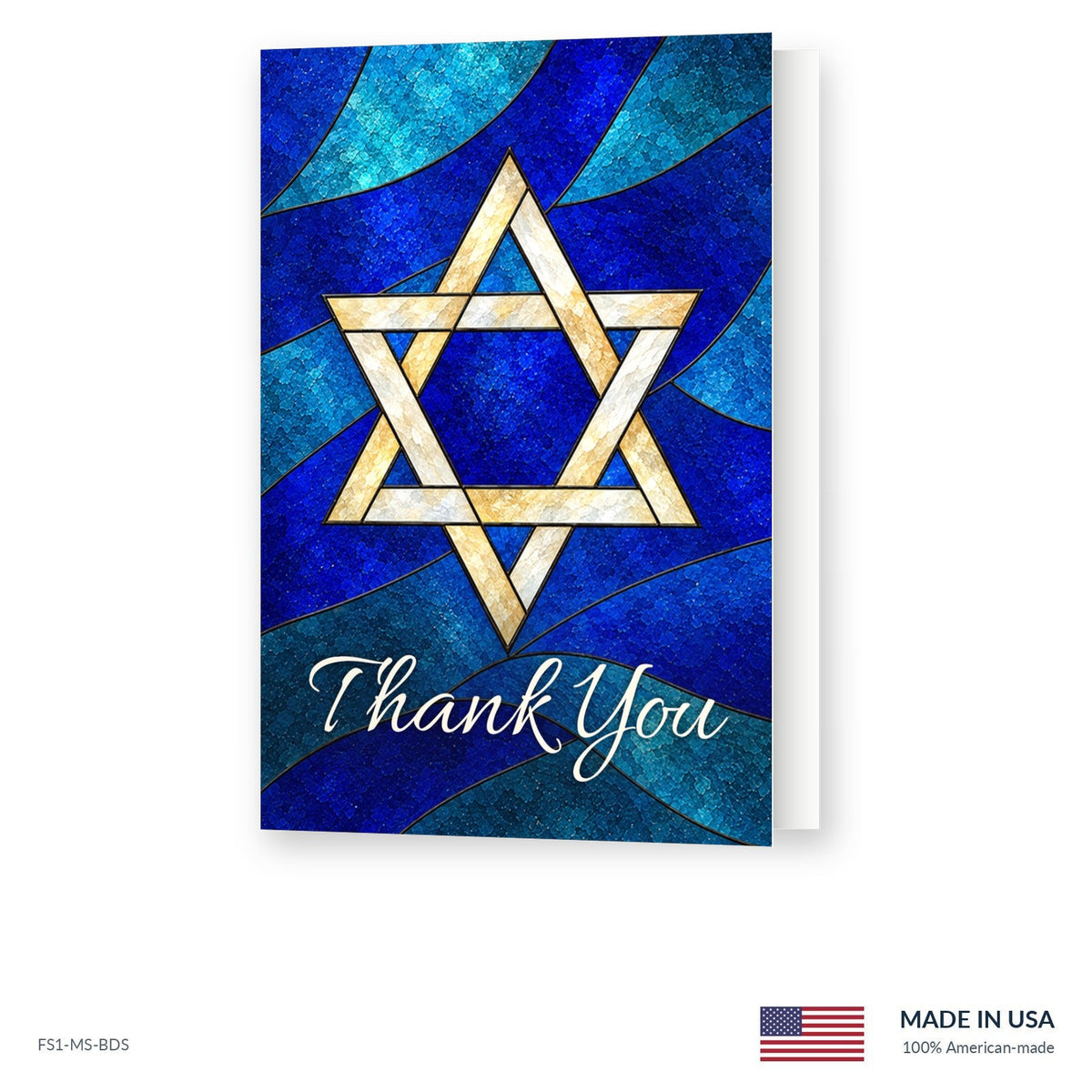 Blue Star funeral acknowledgment card shown slightly open, Funeral Source One FS1-MS-BDS, Made in the USA