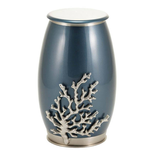 Blue with Pewter Coral Stainless Steel Full Size Cremation Urn, Full Size (Adult), 10.25 x 6.54 x 6.54 in