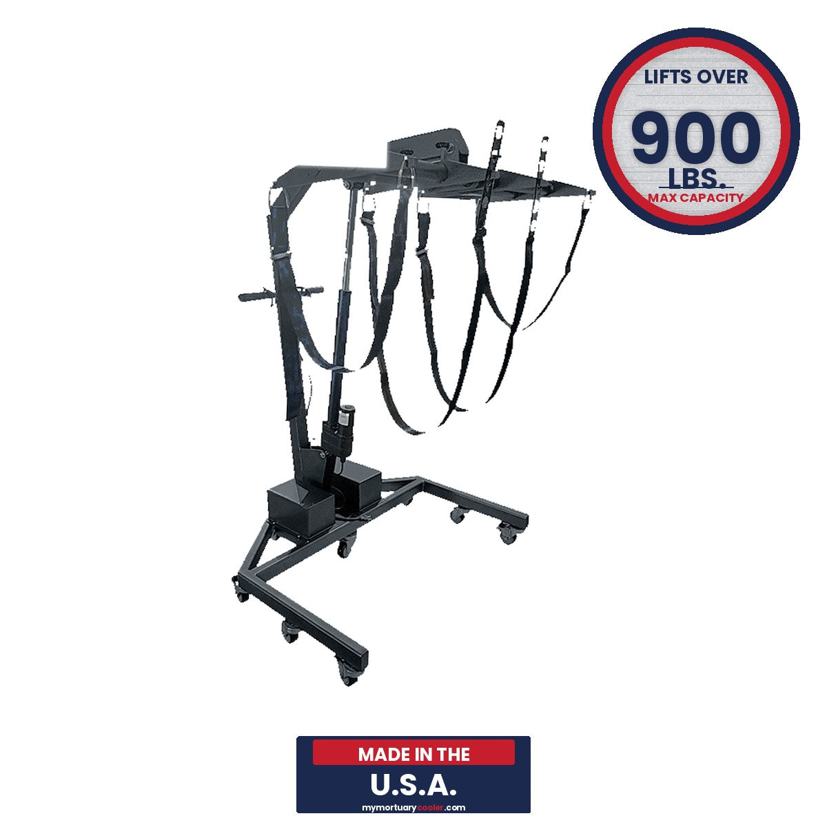 Heavy Duty Casket Lift Base Detail | XL Powered Morgue Lift Motor Housing | Mortuary Cadaver Lift Caster Wheels | American Made Prep Room Body Lift Closeup