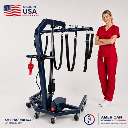 Body Casket Lift XL — 900 lb battery electric mortuary lift, main view of the powered cadaver lift, American-made