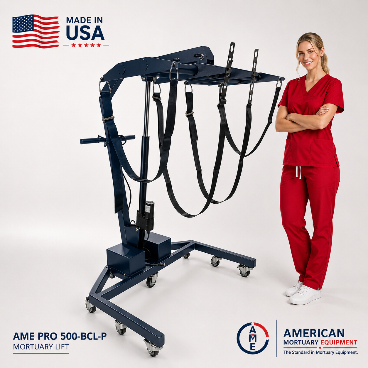 Body Casket Lift XL alternate view — 900 lb powered mortuary cadaver lift with extending lift platform