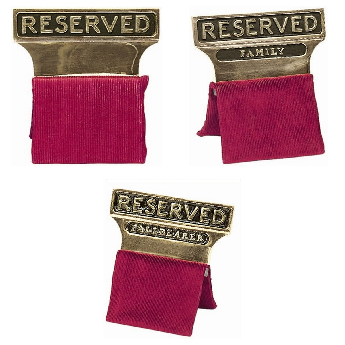 Brass-Tone Reserved Seat Signs with Reserved, Reserved Family and Reserved Pallbearer wording