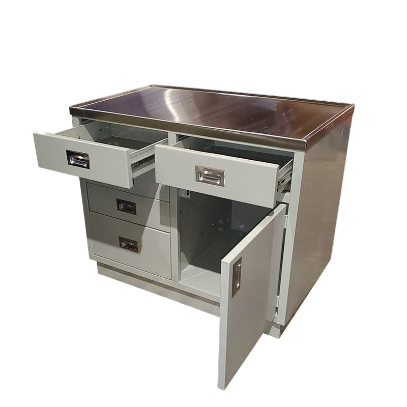 A FULL-FRONT VIEW OF THE 1400-EVT VETERINARY EXAMINATION TABLE WITH A POLISHED 304 STAINLESS STEEL TOP AND A POWDER-COATED GALVANIZED STEEL BASE.