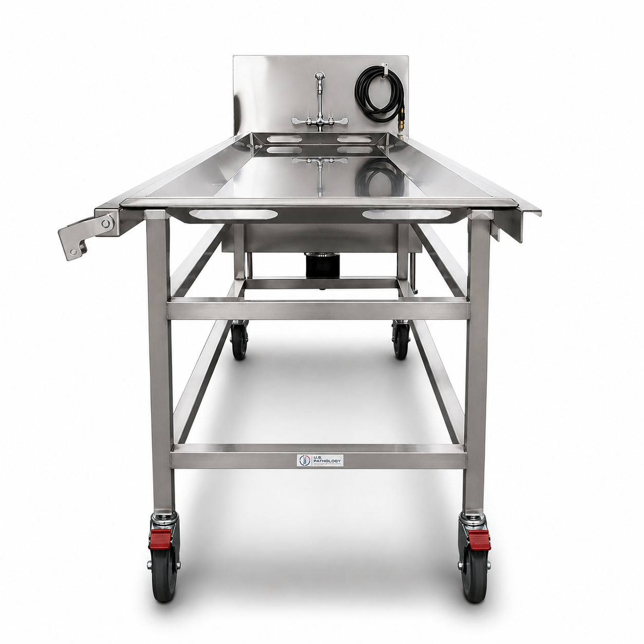 Angled view of stainless steel cadaver carrier roller deck, welded 16-gauge frame and 8-inch locking casters