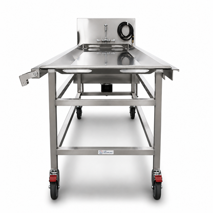 Angled view of stainless steel cadaver carrier roller deck, welded 16-gauge frame and 8-inch locking casters