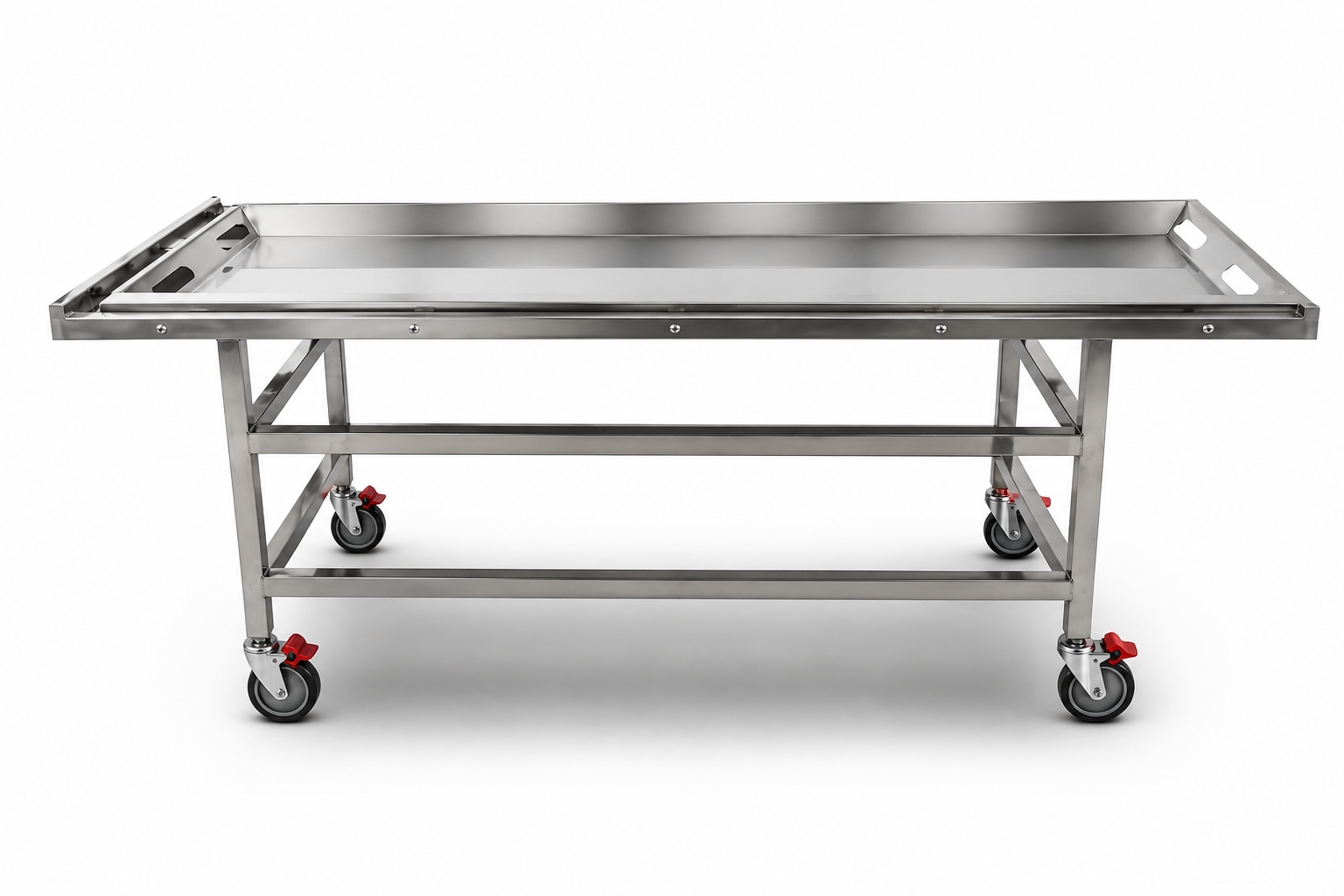 Cadaver carrier roller deck docked to U.S. Pathology autopsy sink station for body tray transfer (sink sold separately)