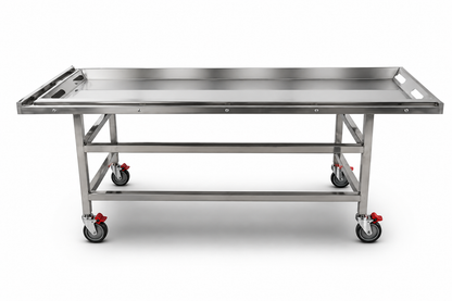 Cadaver carrier roller deck docked to U.S. Pathology autopsy sink station for body tray transfer (sink sold separately)