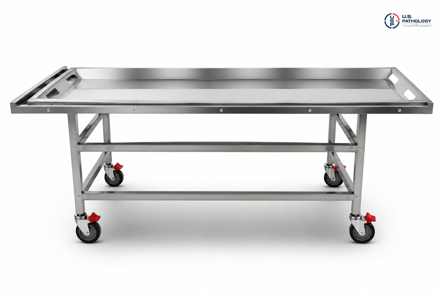 Cadaver carrier with rollers, stainless steel autopsy transfer cart with locking casters — U.S. Pathology USP-6000-A-NA-T