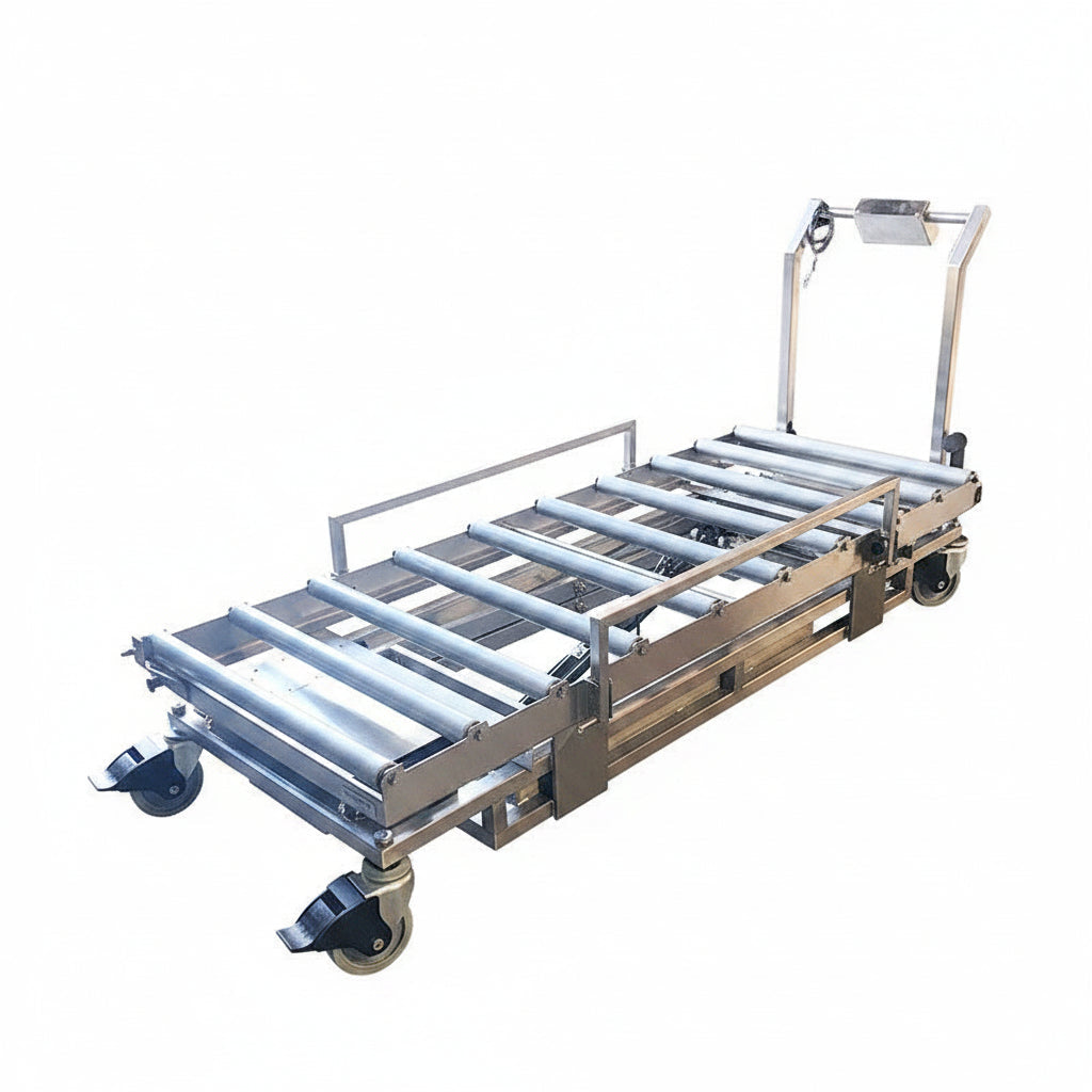 cadaver lift trolley for body tray transfer in morgue workflow