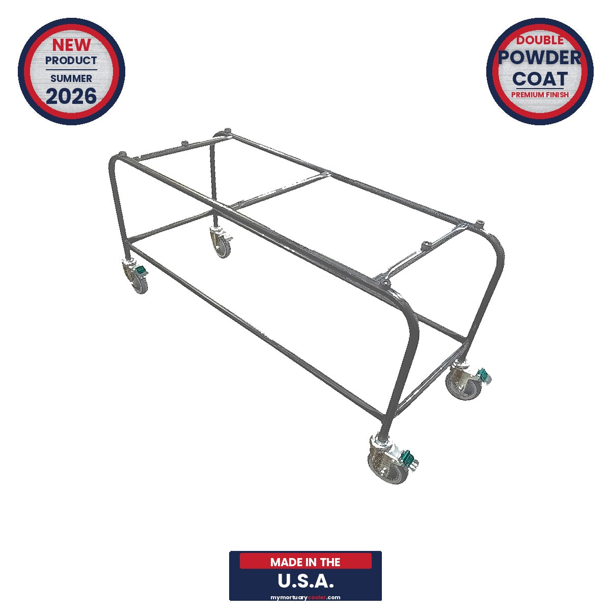
Funeral Home Casket Cart | Rolling Mortuary Utility Trolley | Prep Room Casket Stand | Economy Value Buy | Dark Gray Powder Coat USA Made