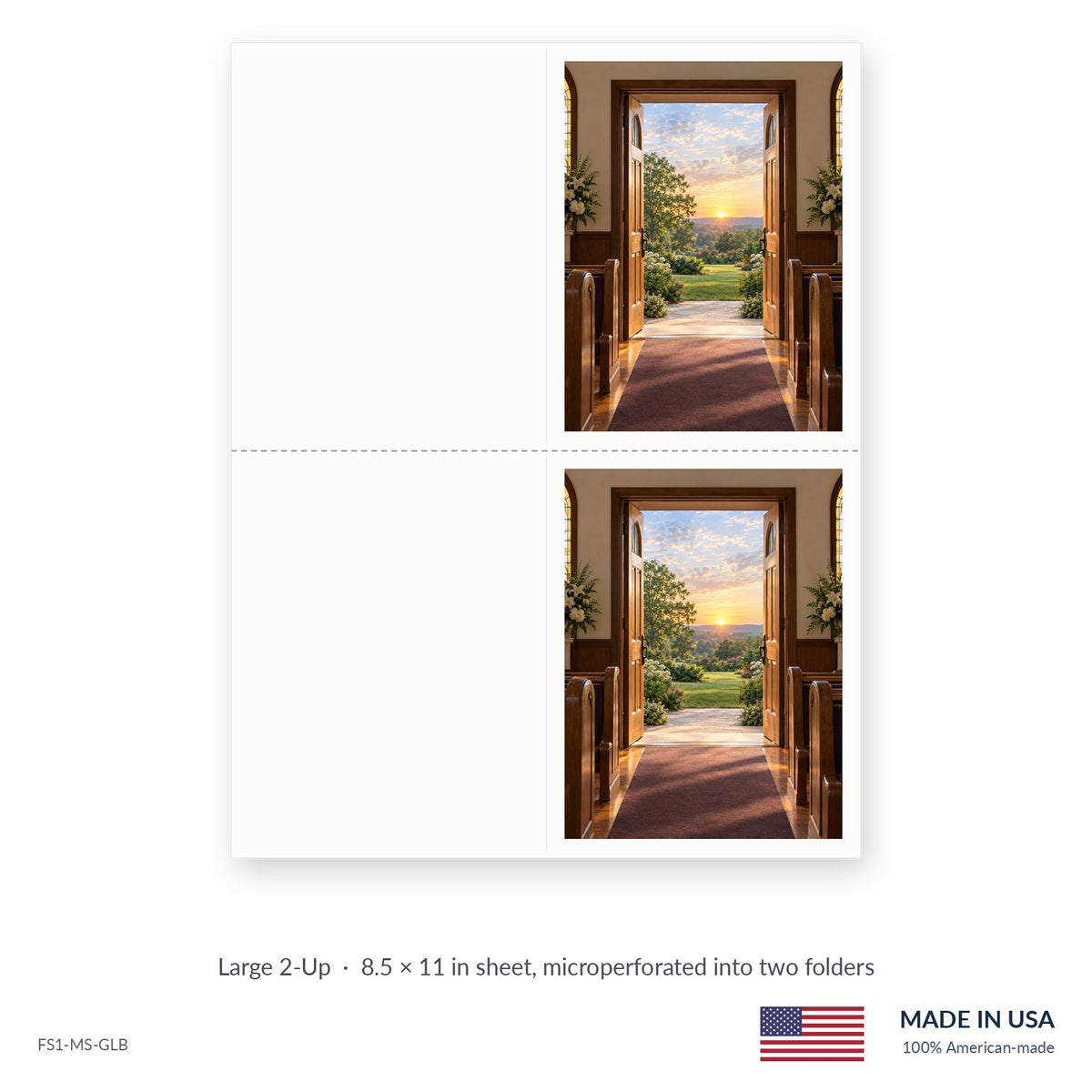 Church Doors funeral service folders, Large 2-Up 8.5 × 11 in sheet microperforated into two folders, Funeral Source One FS1-MS-GLB