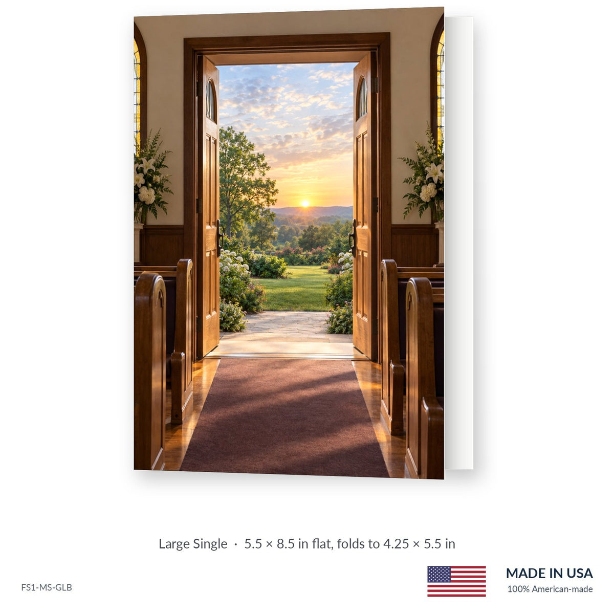 Church Doors funeral service folder, Large Single 5.5 × 8.5 in, shown slightly open, Funeral Source One FS1-MS-GLB, Made in the USA