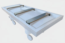 Close-up of a #300 series stainless steel body bridge showing the reinforced welds and non-slip surface, designed for heavy-duty load support and easy sanitation in forensic pathology labs.