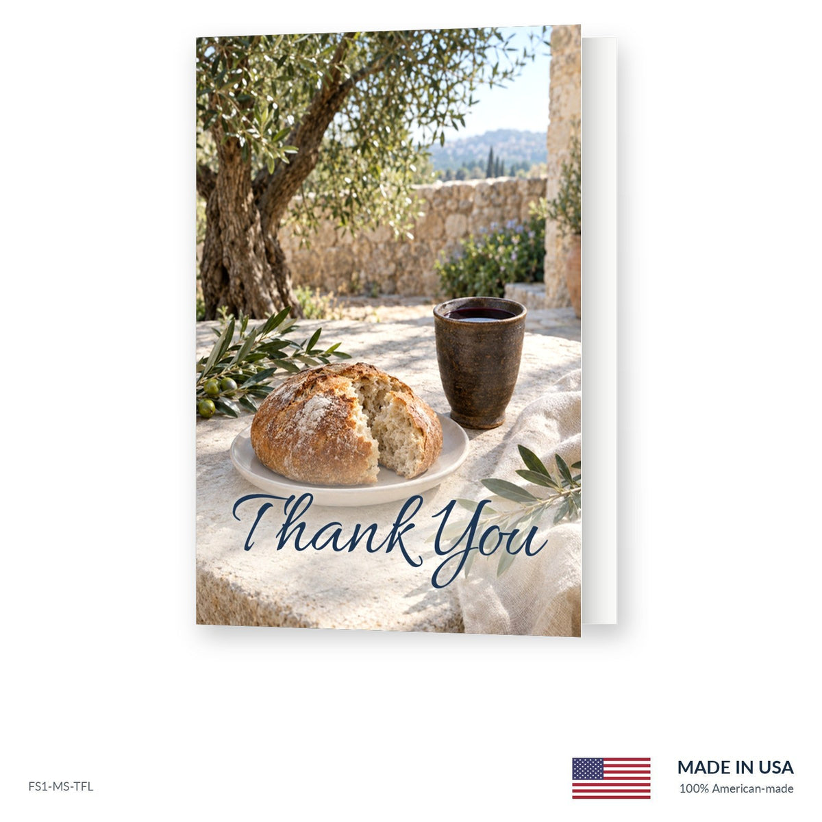 Communion Table funeral acknowledgment card shown slightly open, Funeral Source One FS1-MS-TFL, Made in the USA