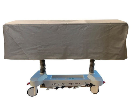 USPE-1038-2ATH hydraulic concealed cadaver transport cart with blue vinyl cover, dignified hospital morgue transport for autopsy and family-viewing workflow