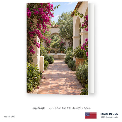 Courtyard Garden funeral service folder, Large Single 5.5 × 8.5 in, shown slightly open, Funeral Source One FS1-MS-CMS, Made in the USA