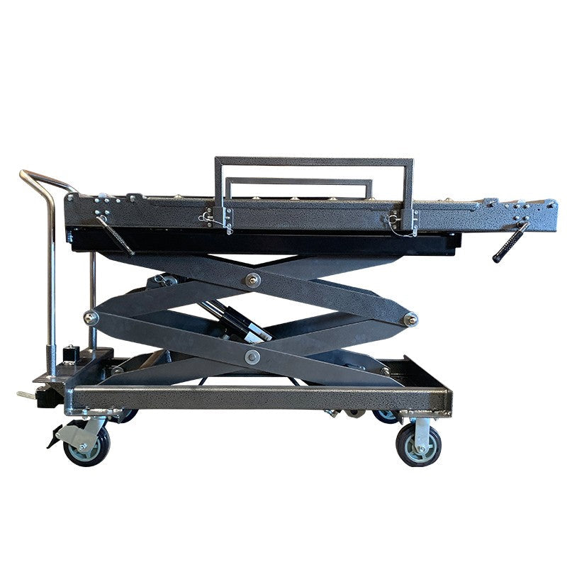 Heavy-duty crematory lift top surface with high-impact swivel and rigid casters and wheel locks