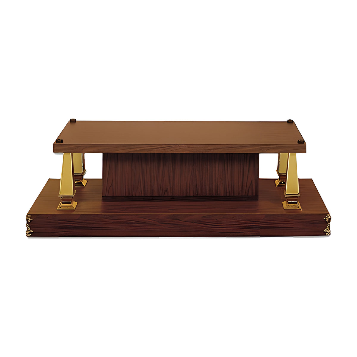 Crestline Casket Bier in walnut laminate with gold-tone accents by American Mortuary Equipment