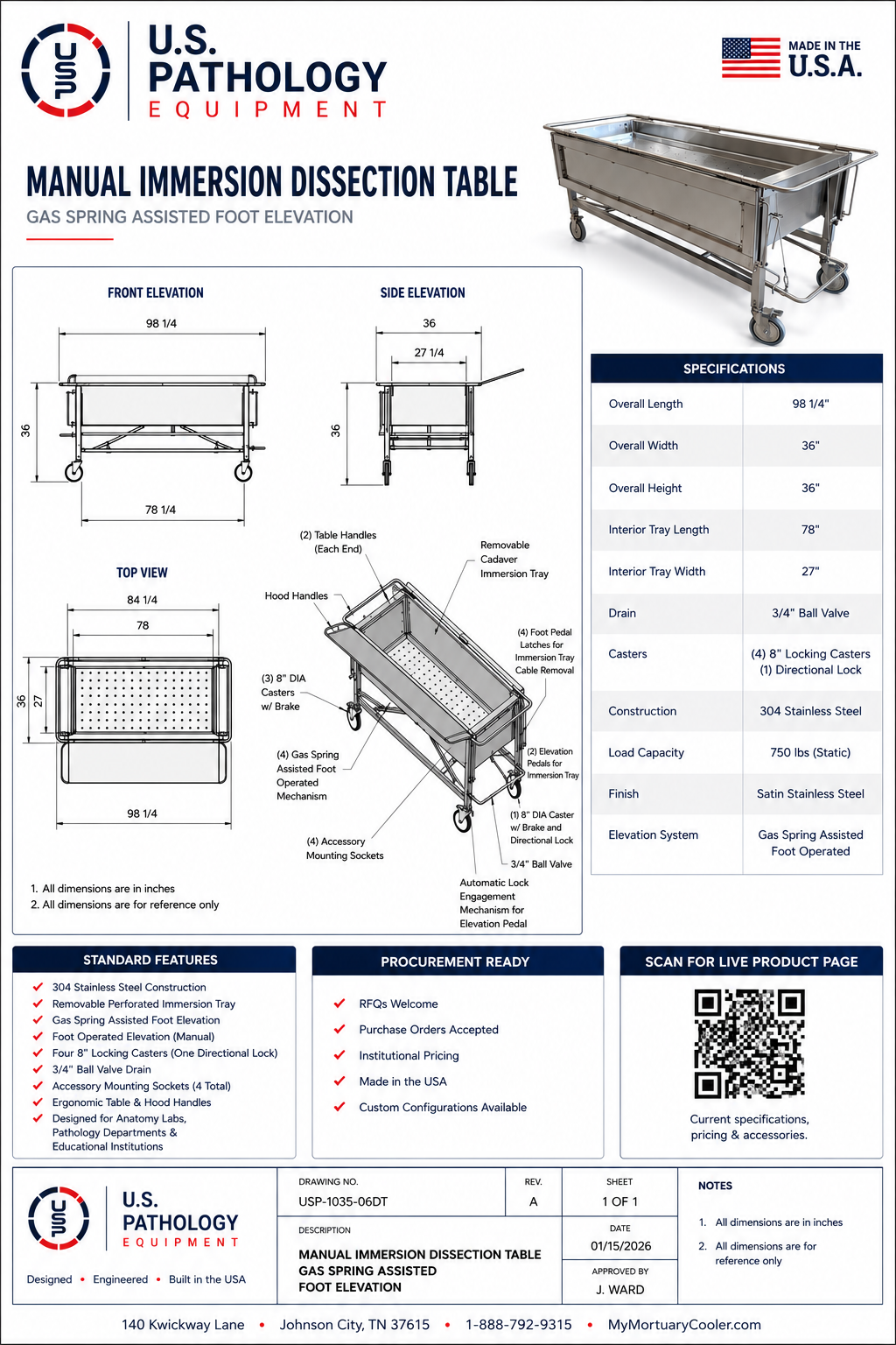 Manual Immersion Dissection Table — product dimensions and base frame detail, 304 stainless steel