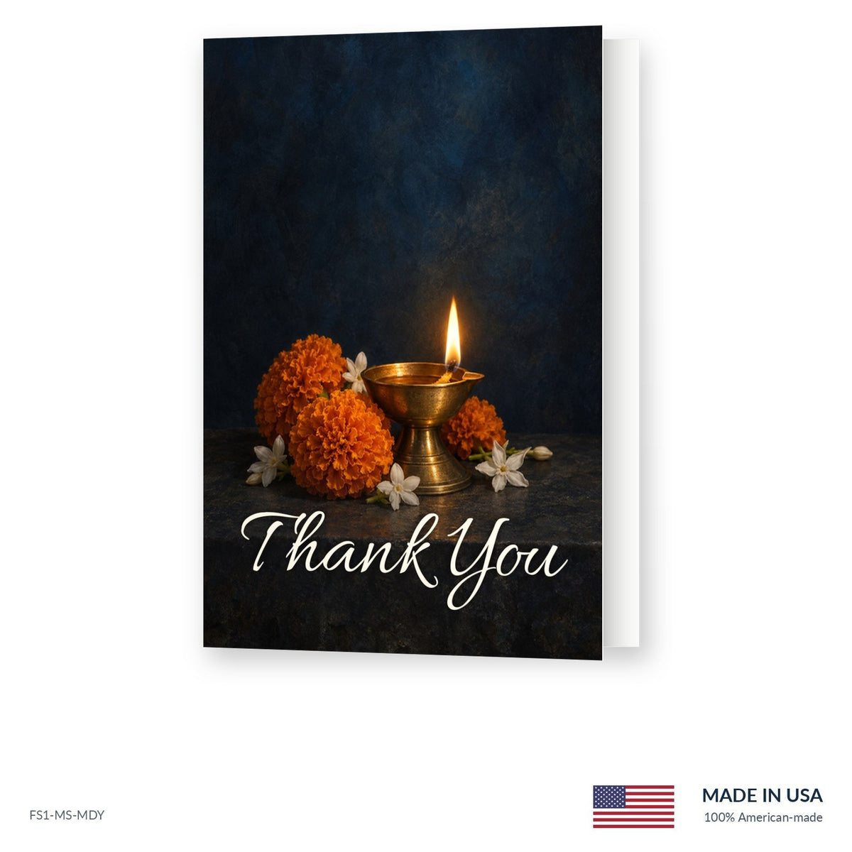 Diya funeral acknowledgment card shown slightly open, Funeral Source One FS1-MS-MDY, Made in the USA