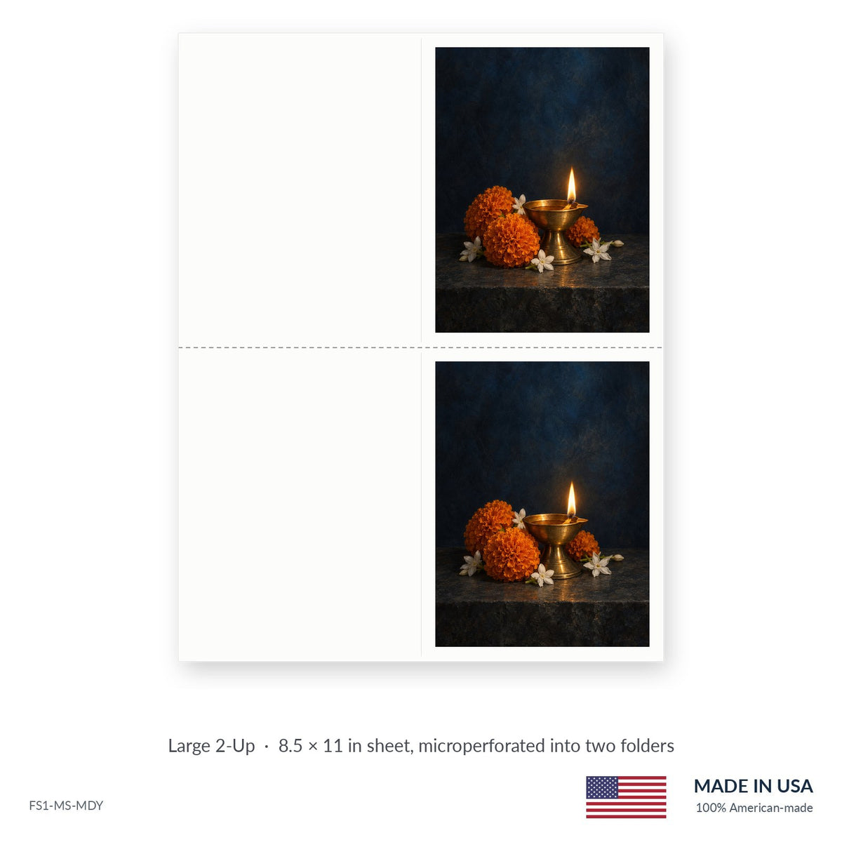Diya funeral service folders, Large 2-Up 8.5 × 11 in sheet microperforated into two folders, Funeral Source One FS1-MS-MDY