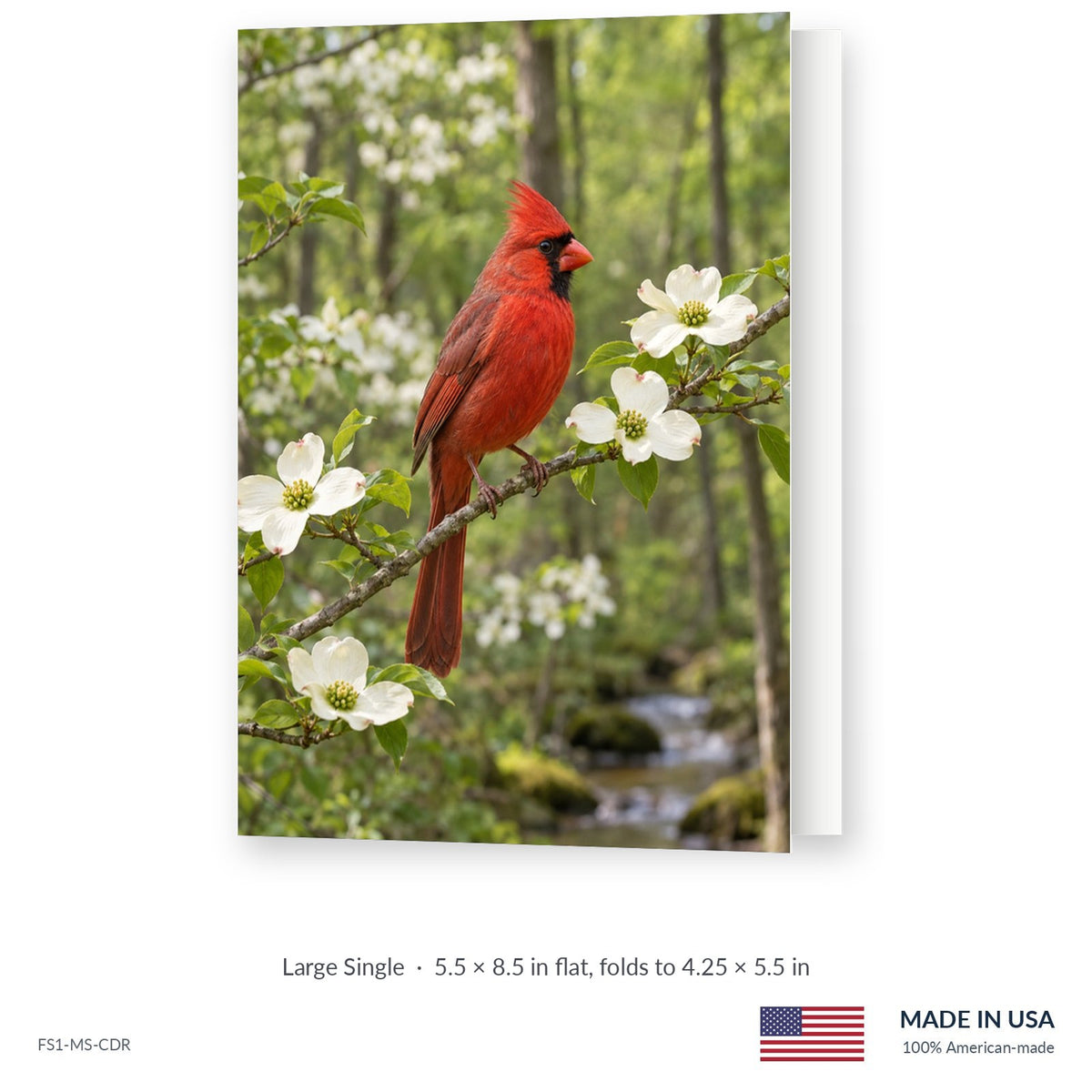 Dogwood Cardinal funeral service folder, Large Single 5.5 × 8.5 in, shown slightly open, Funeral Source One FS1-MS-CDR, Made in the USA