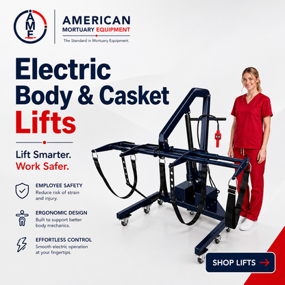 EBCL Body Casket Lift XL — 900 lb battery electric mortuary lift, brand graphic by American Mortuary Equipment