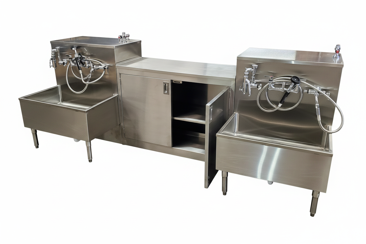36-inch wide adjustable-shelf stainless steel embalming casework cabinet, AME 1036-LC36, NSF compliant and made in the USA by American Mortuary Coolers