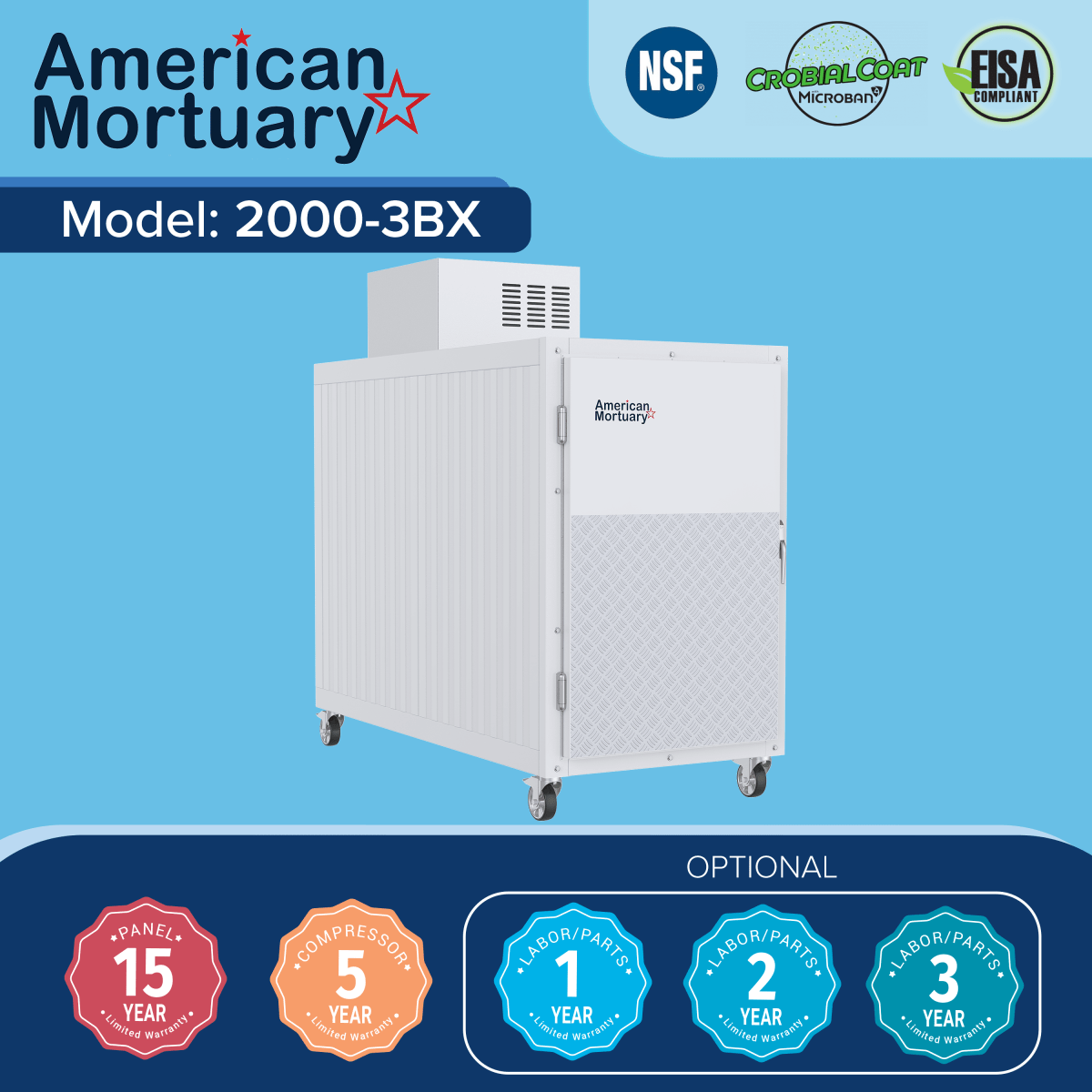 American-made 3-body upright end-load mortuary cooler with high-performance insulation and heavy-duty chrome hardware.