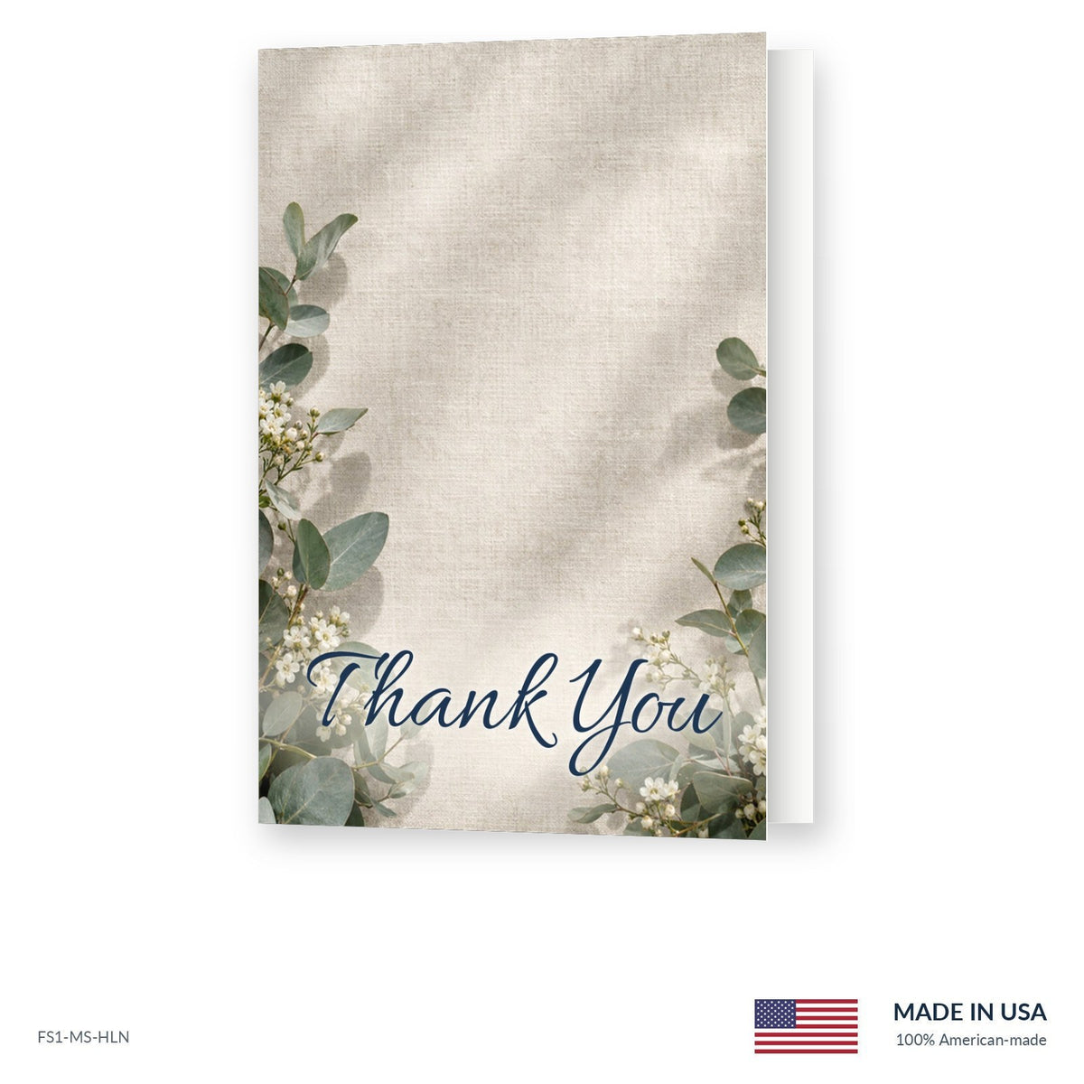 Eucalyptus funeral acknowledgment card shown slightly open, Funeral Source One FS1-MS-HLN, Made in the USA