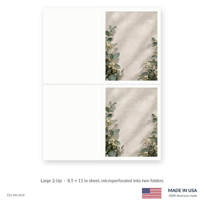 Eucalyptus funeral service folders, Large 2-Up 8.5 × 11 in sheet microperforated into two folders, Funeral Source One FS1-MS-HLN