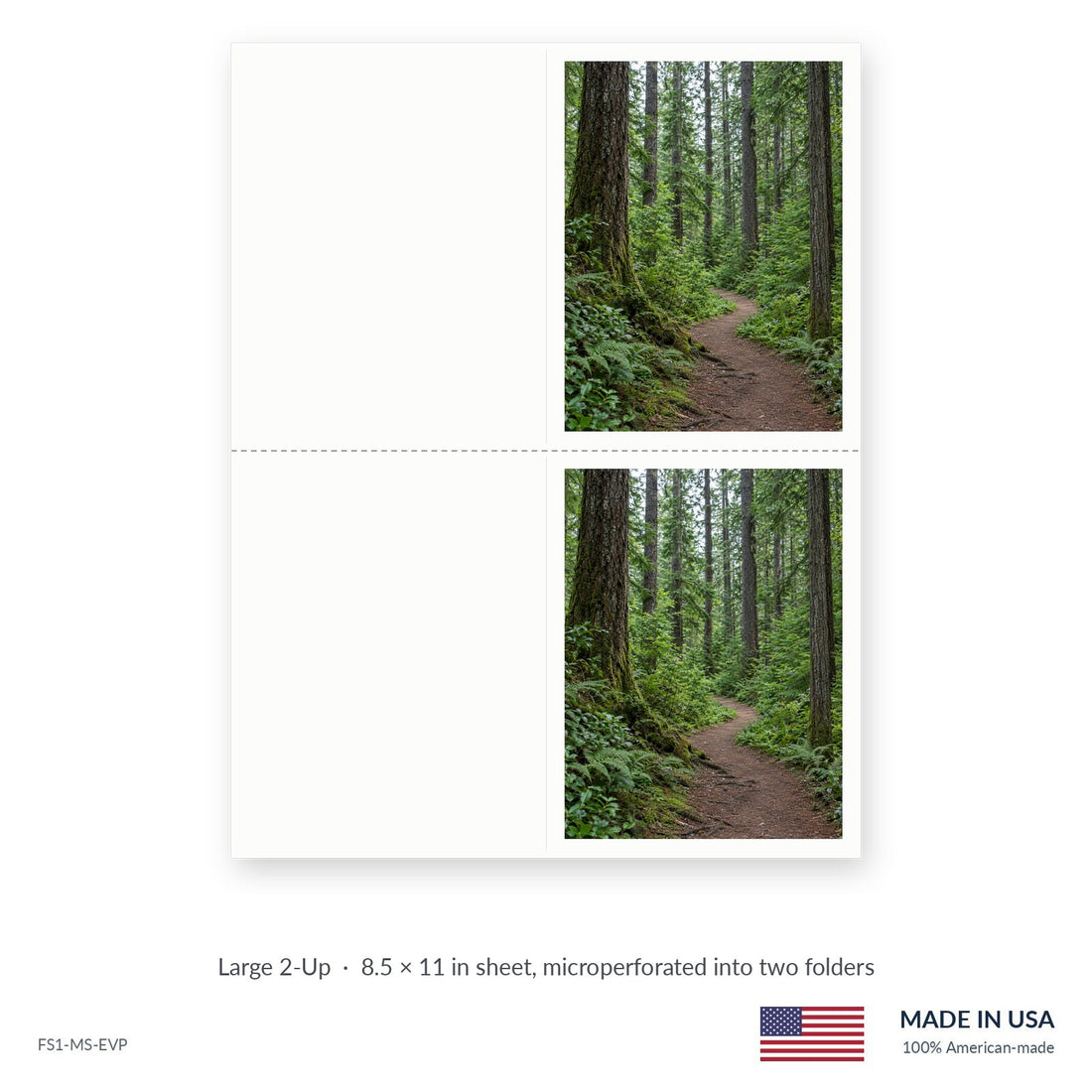 Evergreen Trail funeral service folders, Large 2-Up 8.5 × 11 in sheet microperforated into two folders, Funeral Source One FS1-MS-EVP