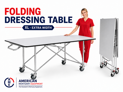 Extra wide folding mortuary dressing table with operator demonstration — Model 1036-034X, American-made