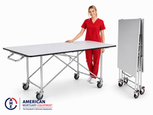 Extra wide folding mortuary dressing table with funeral professional for scale, 78x32 laminate top, American Mortuary Equipment