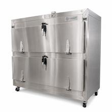 2-body bariatric vault morgue cooler with telescoping slide rails for safe cadaver transfer