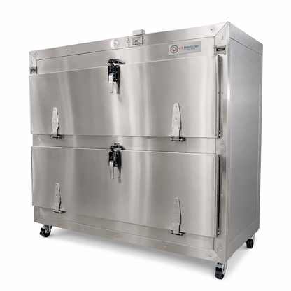 2-body bariatric vault morgue cooler with telescoping slide rails for safe cadaver transfer