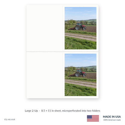 Farm Tractor funeral service folders, Large 2-Up 8.5 × 11 in sheet microperforated into two folders, Funeral Source One FS1-MS-HVR