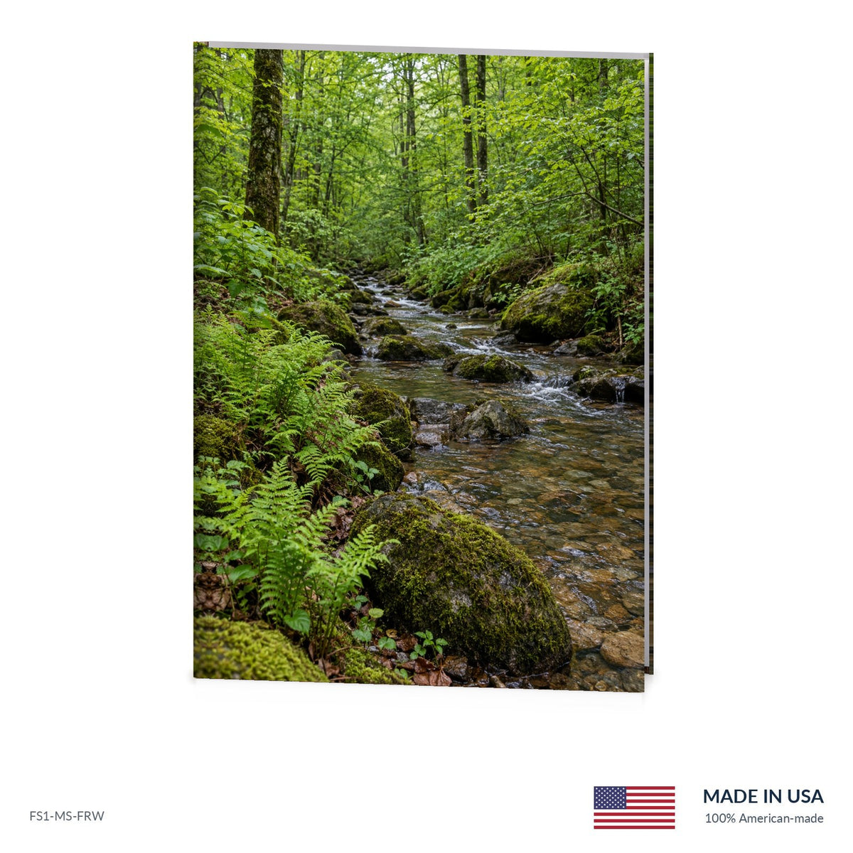 Fern-Lined Creek funeral register book with full-color cover wrap and visible page edge, Funeral Source One FS1-MS-FRW, Made in the USA