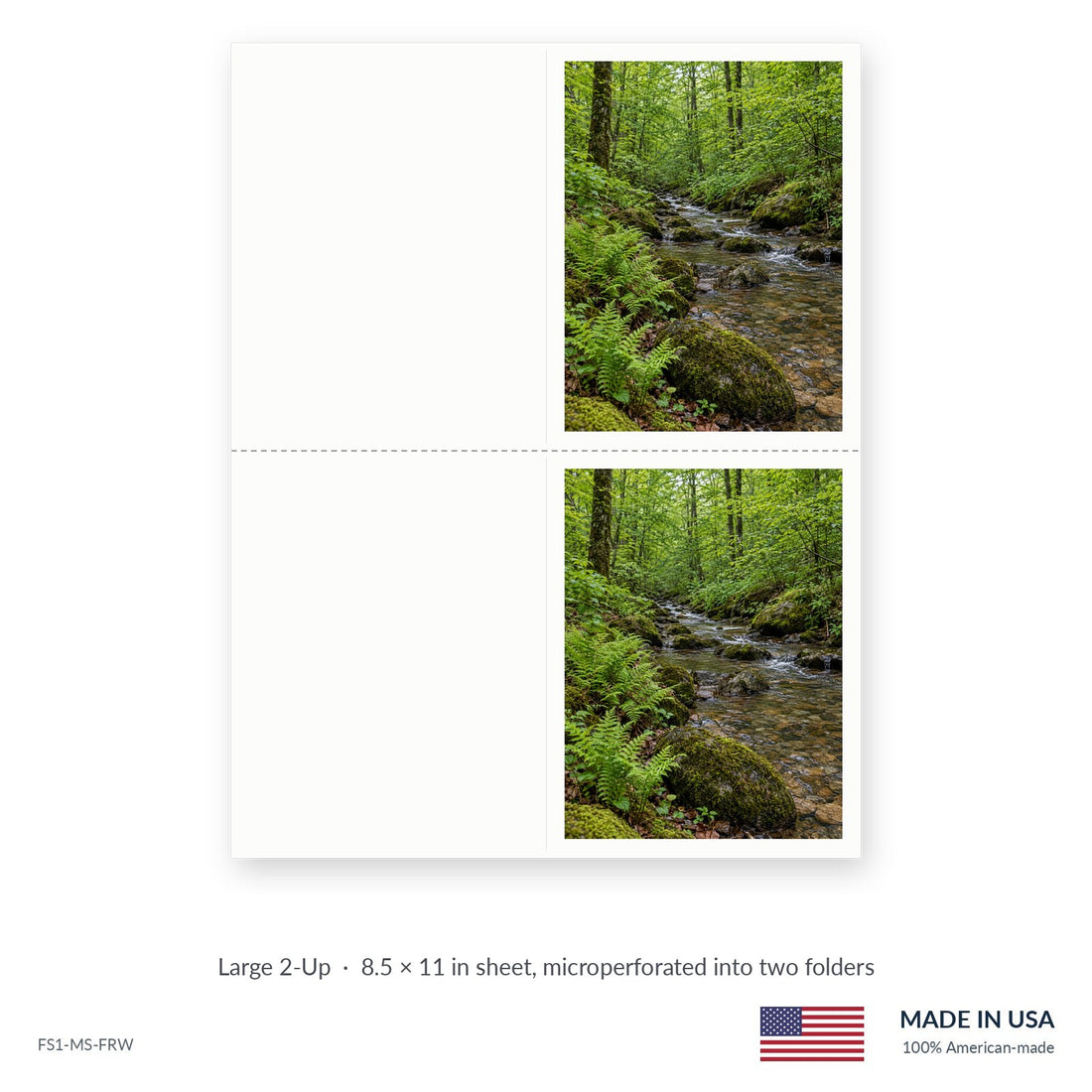 Fern-Lined Creek funeral service folders, Large 2-Up 8.5 × 11 in sheet microperforated into two folders, Funeral Source One FS1-MS-FRW