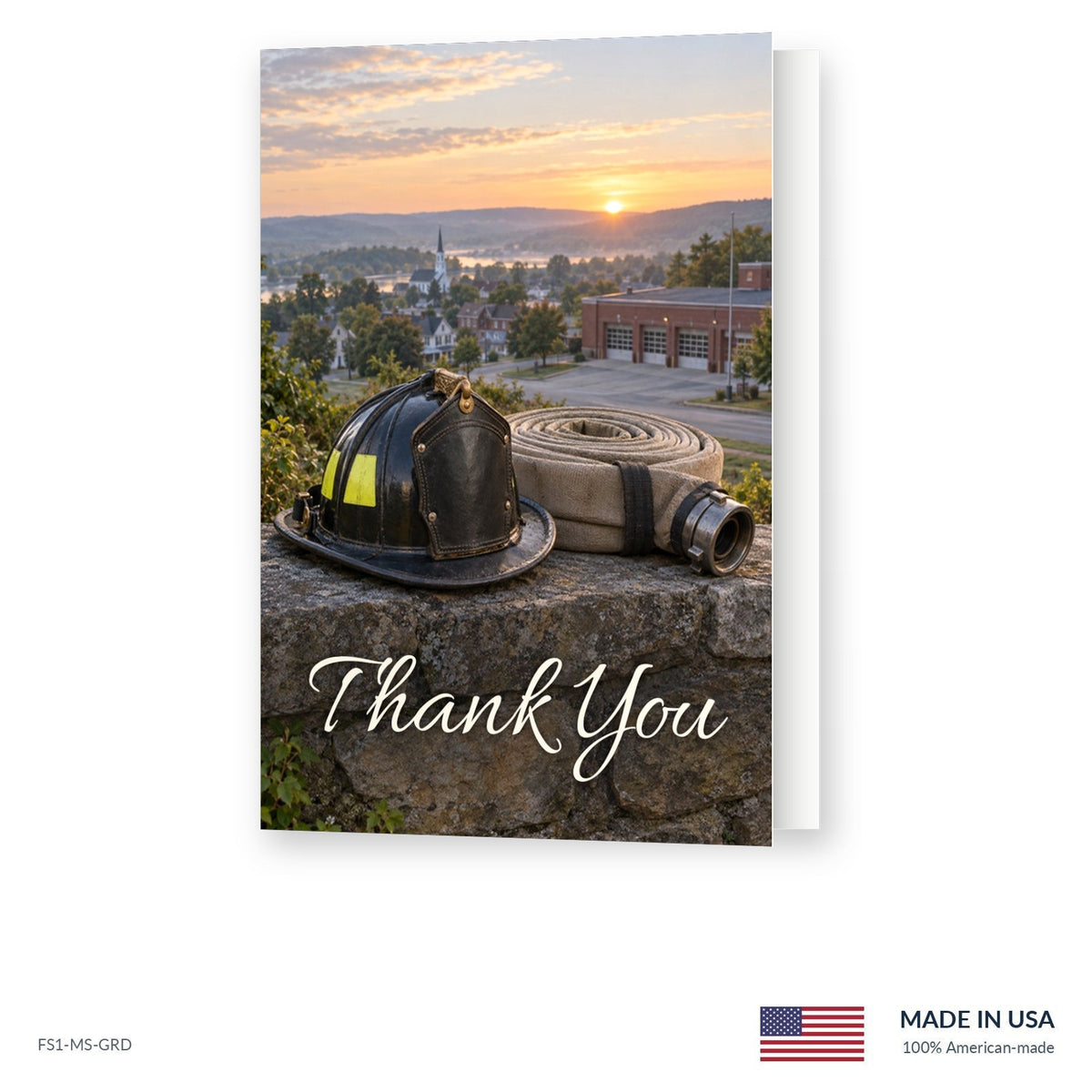 Firefighter Tribute funeral acknowledgment card shown slightly open, Funeral Source One FS1-MS-GRD, Made in the USA