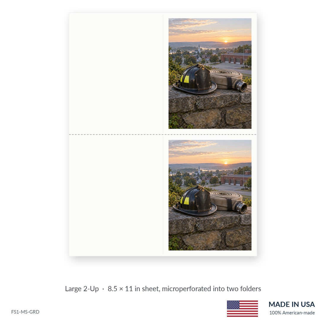 Firefighter Tribute funeral service folders, Large 2-Up 8.5 × 11 in sheet microperforated into two folders, Funeral Source One FS1-MS-GRD