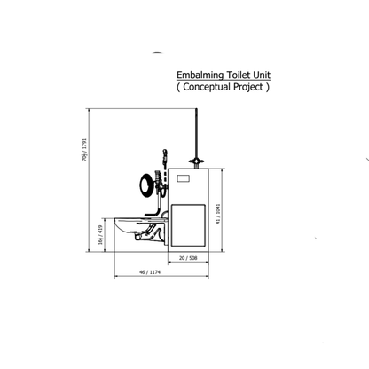 SIDE VIEW OF THE 1036-9FS EMBALMING STATION, HIGHLIGHTING ITS GFCI ELECTRICAL RECEPTACLE AND COLD WATER SPRAY HOSE.