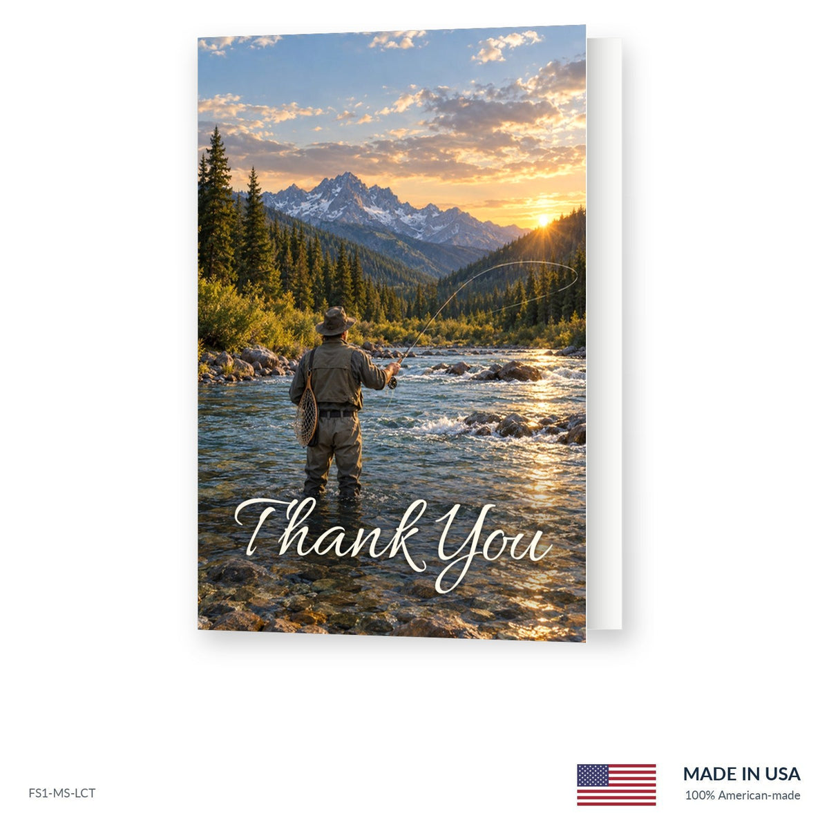 Fly Fishing funeral acknowledgment card shown slightly open, Funeral Source One FS1-MS-LCT, Made in the USA