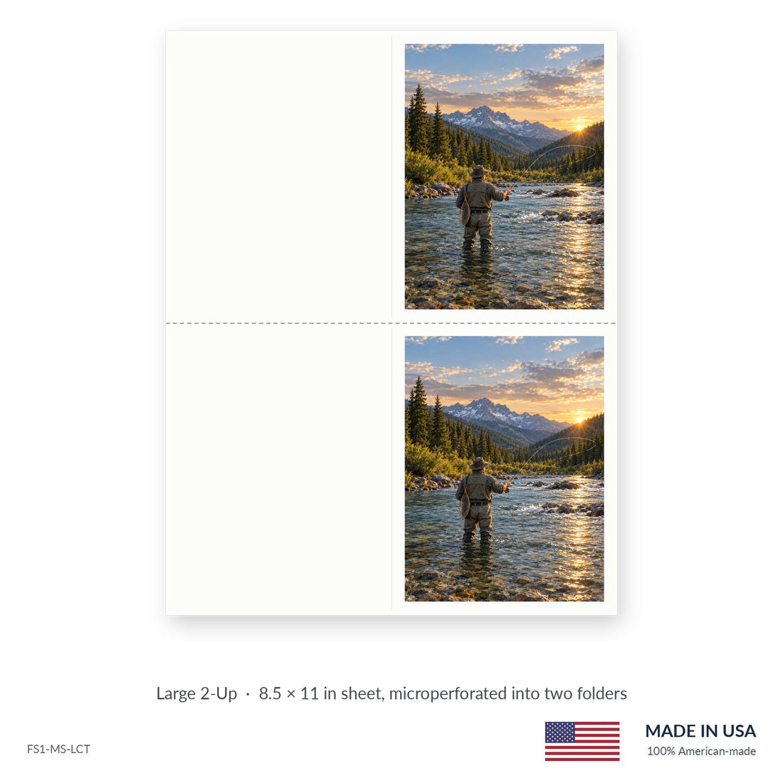 Fly Fishing funeral service folders, Large 2-Up 8.5 × 11 in sheet microperforated into two folders, Funeral Source One FS1-MS-LCT